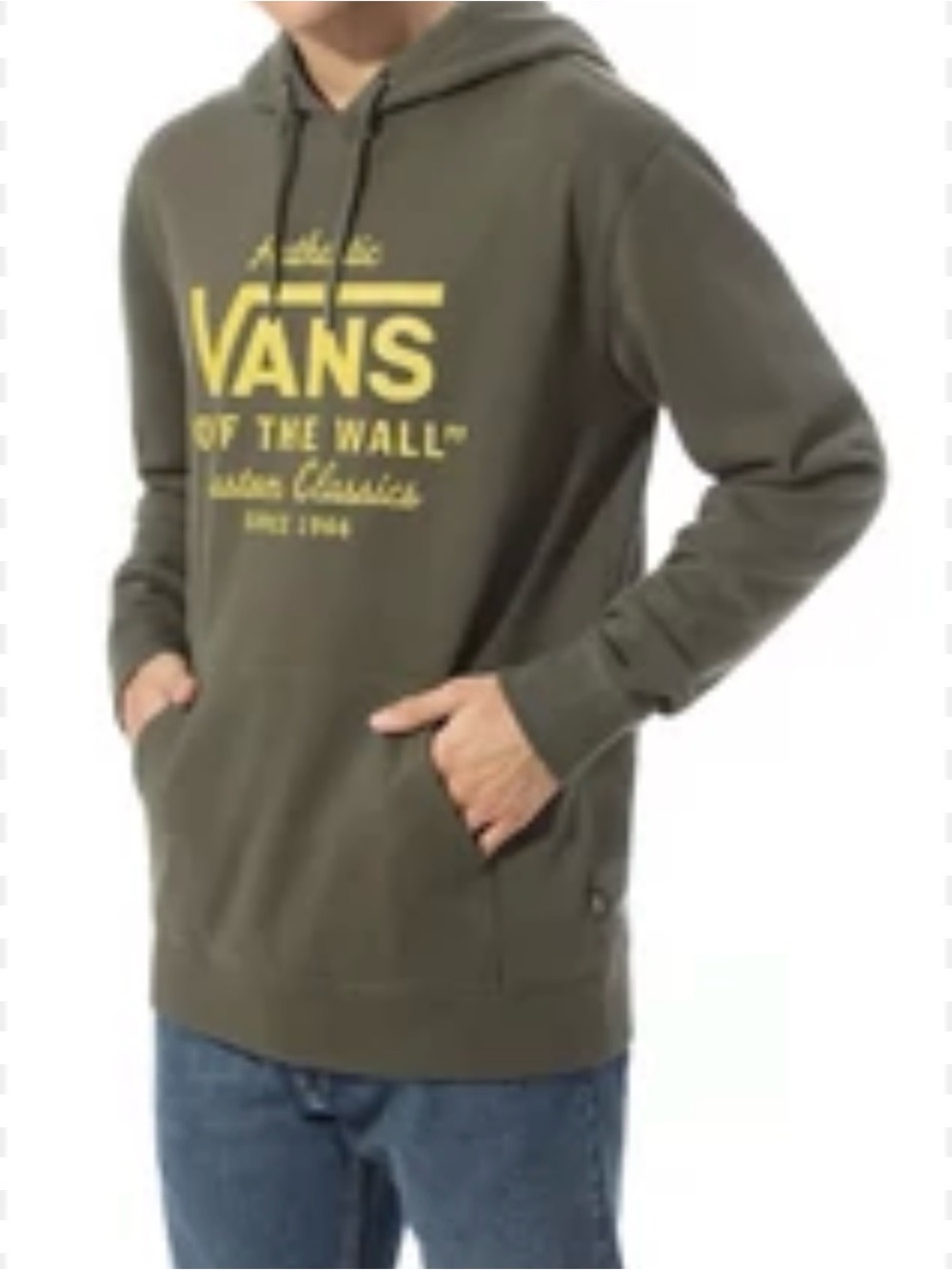 Vans Olive Green Hoodie with Yellow 'Off The Wall' Logo